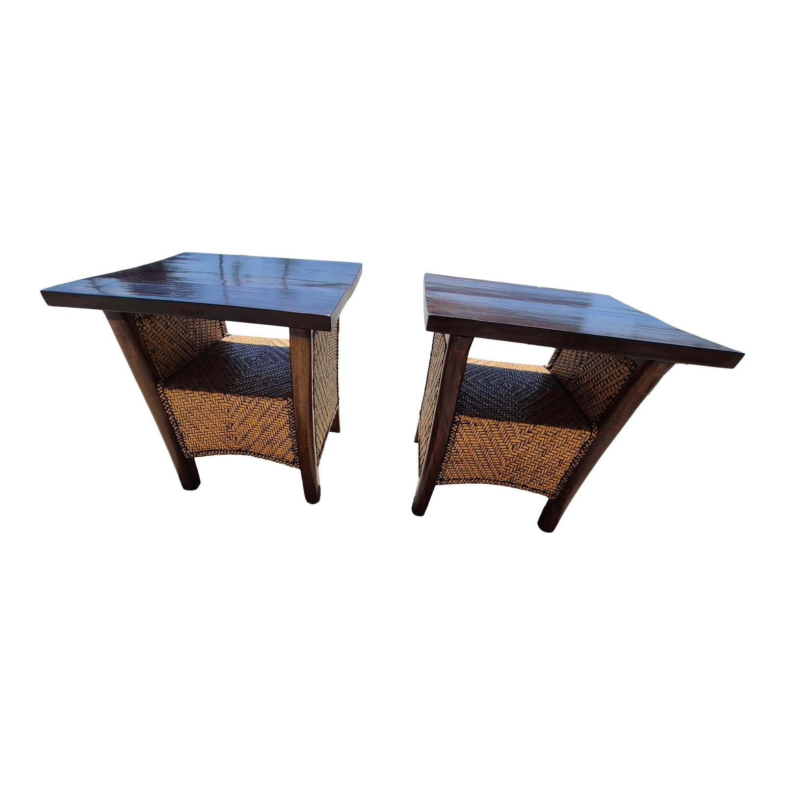 Mid-Century Modernist Rattan and Wood Side Tables: This pair of mid-century Mexican modernist-style side tables features a striking mix of organic textures and bold geometric architecture. Key Visual Characteristics The Tops: They feature solid, dark-