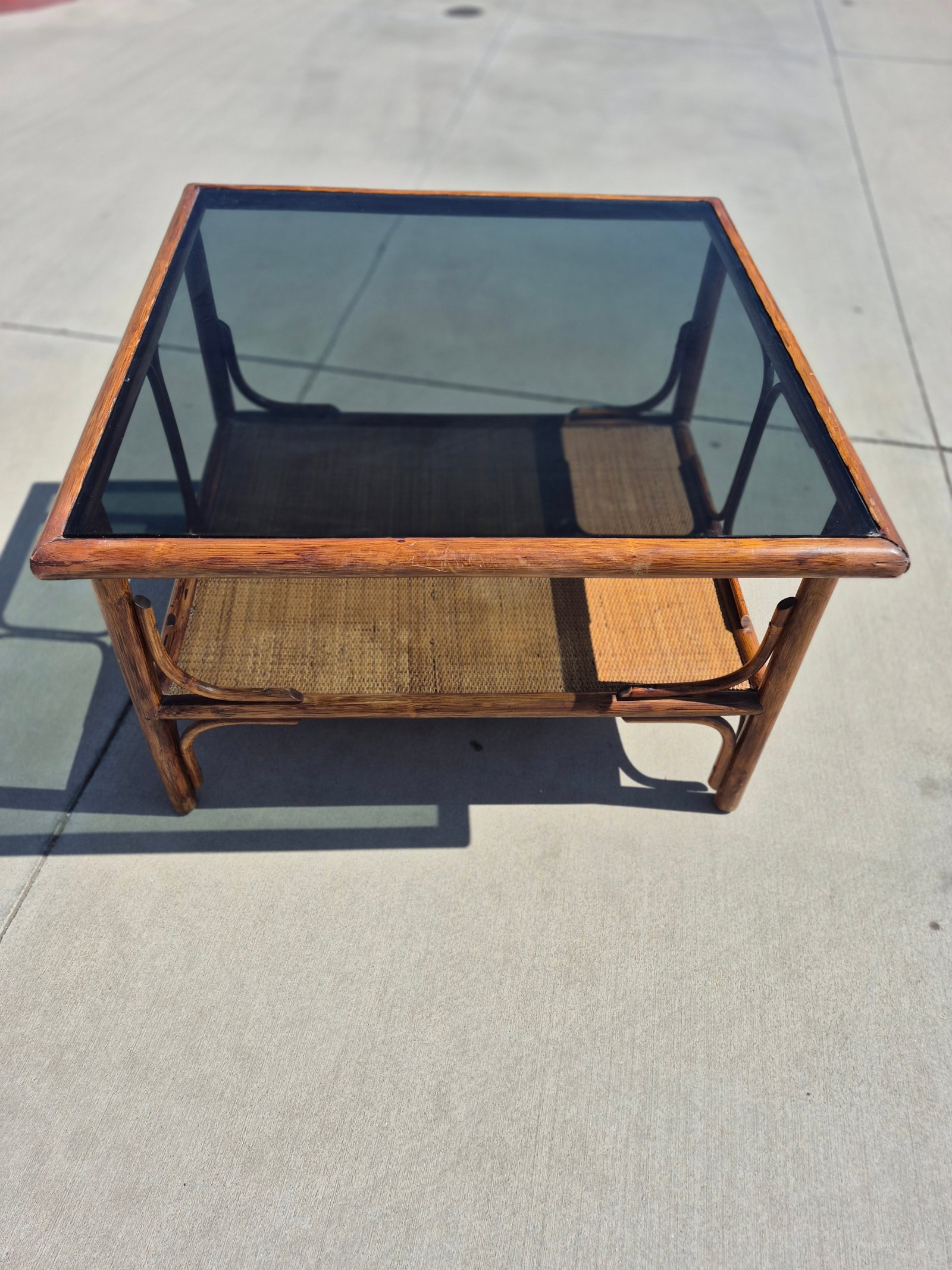 Mid-Century Italian-Style Bamboo Coffee Table With Smoked Glass Top and a Lower Rattan Shelf. - 2