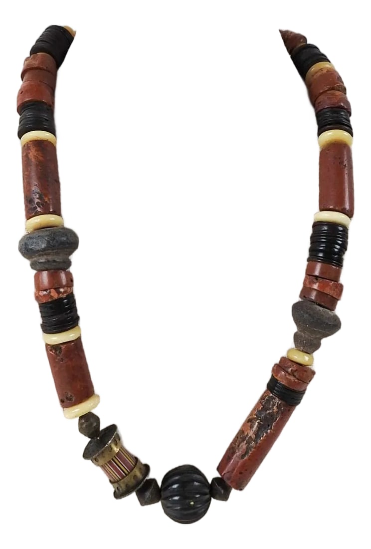 Vintage 1990s Artist Made Tribal Bauxite Pottery Beaded Necklace: 1990's one of a kind atist studio made beaded necklace using bauxite, cow horn, antique pottery spindle whorls, glass trade beads, brass. By Linda Thompson (20th/21st century) Texas, 22" long, spindle