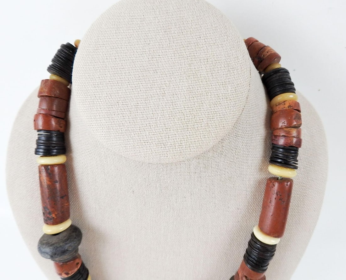 Vintage 1990s Artist Made Tribal Bauxite Pottery Beaded Necklace - 3