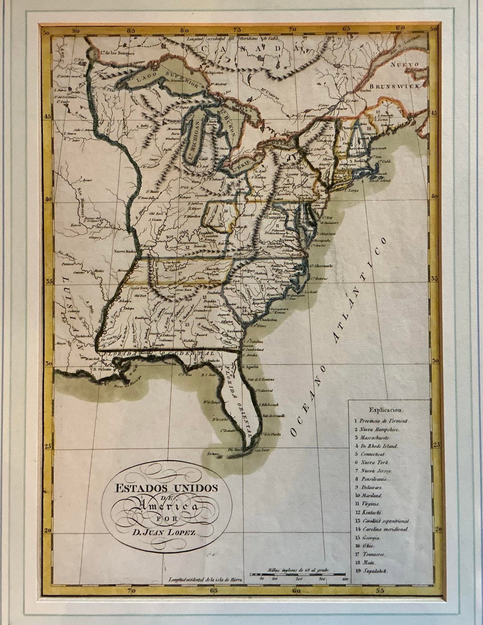 Juan Lopez Antique Colored Engraving "Estados Unidos De America" Circa 1800 - 2