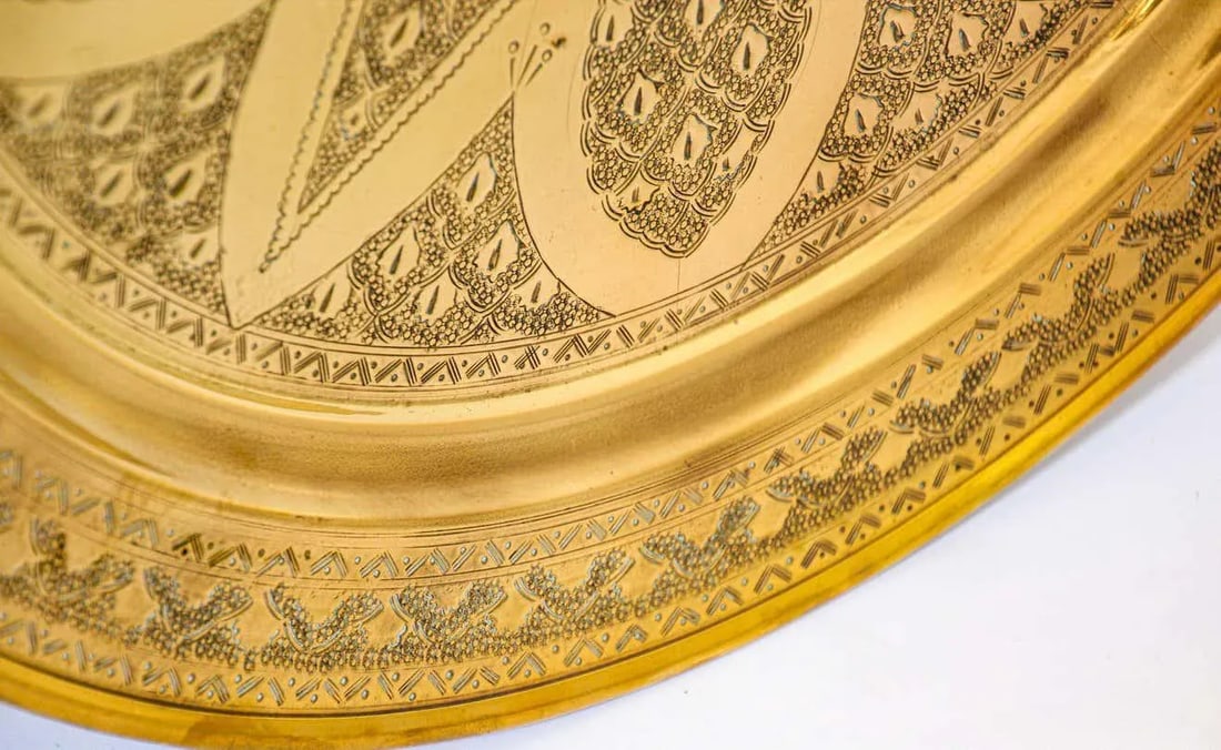 1900s Moroccan Brass Tray Star Etched Collectible Polished Platter 22.5 In. D. - 10