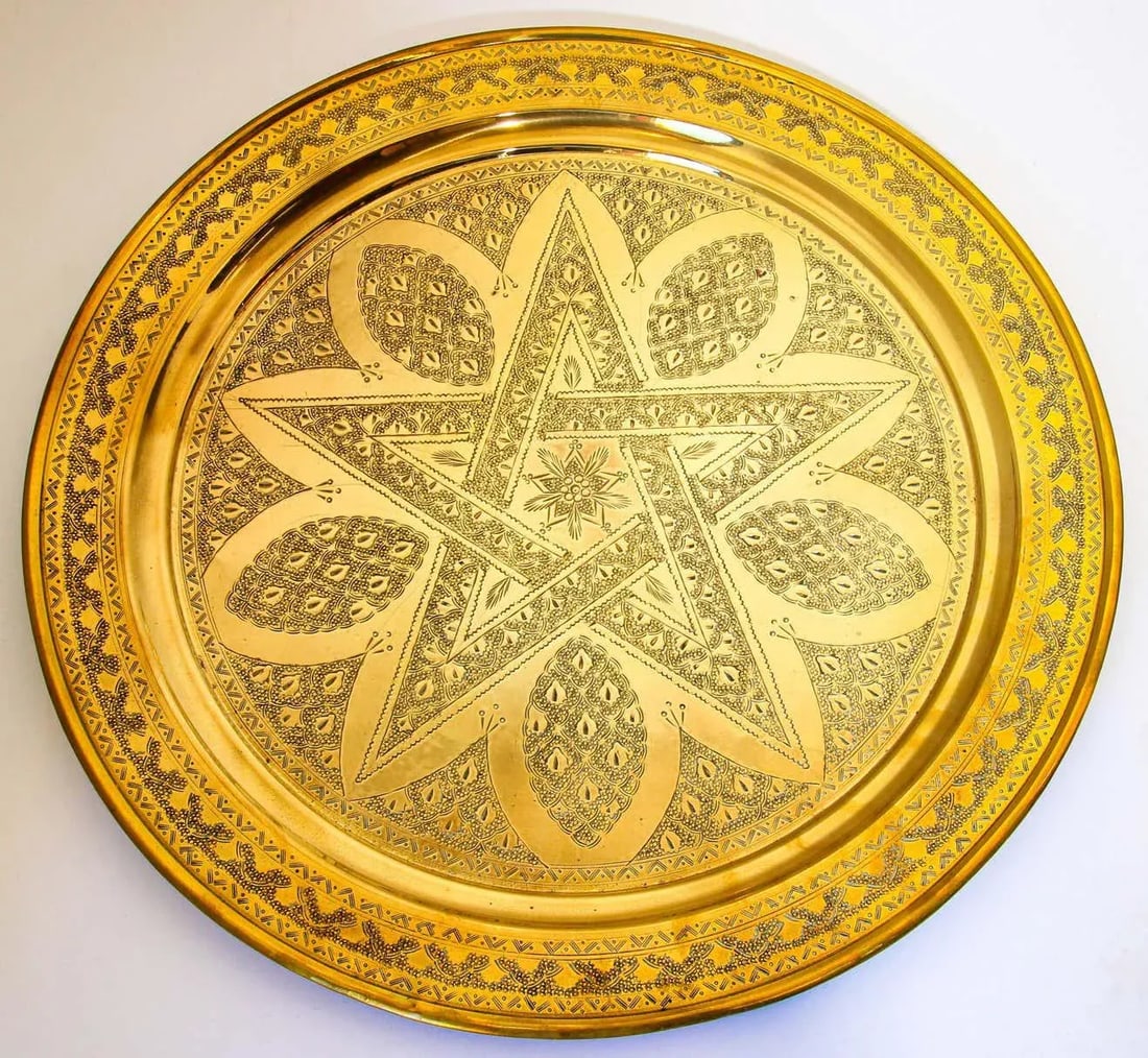 1900s Moroccan Brass Tray Star Etched Collectible Polished Platter 22.5 In. D. - 11