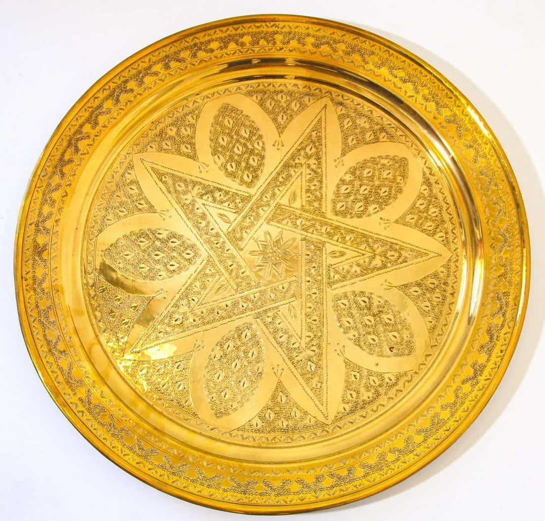 1900s Moroccan Brass Tray Star Etched Collectible Polished Platter 22.5 In. D. - 12