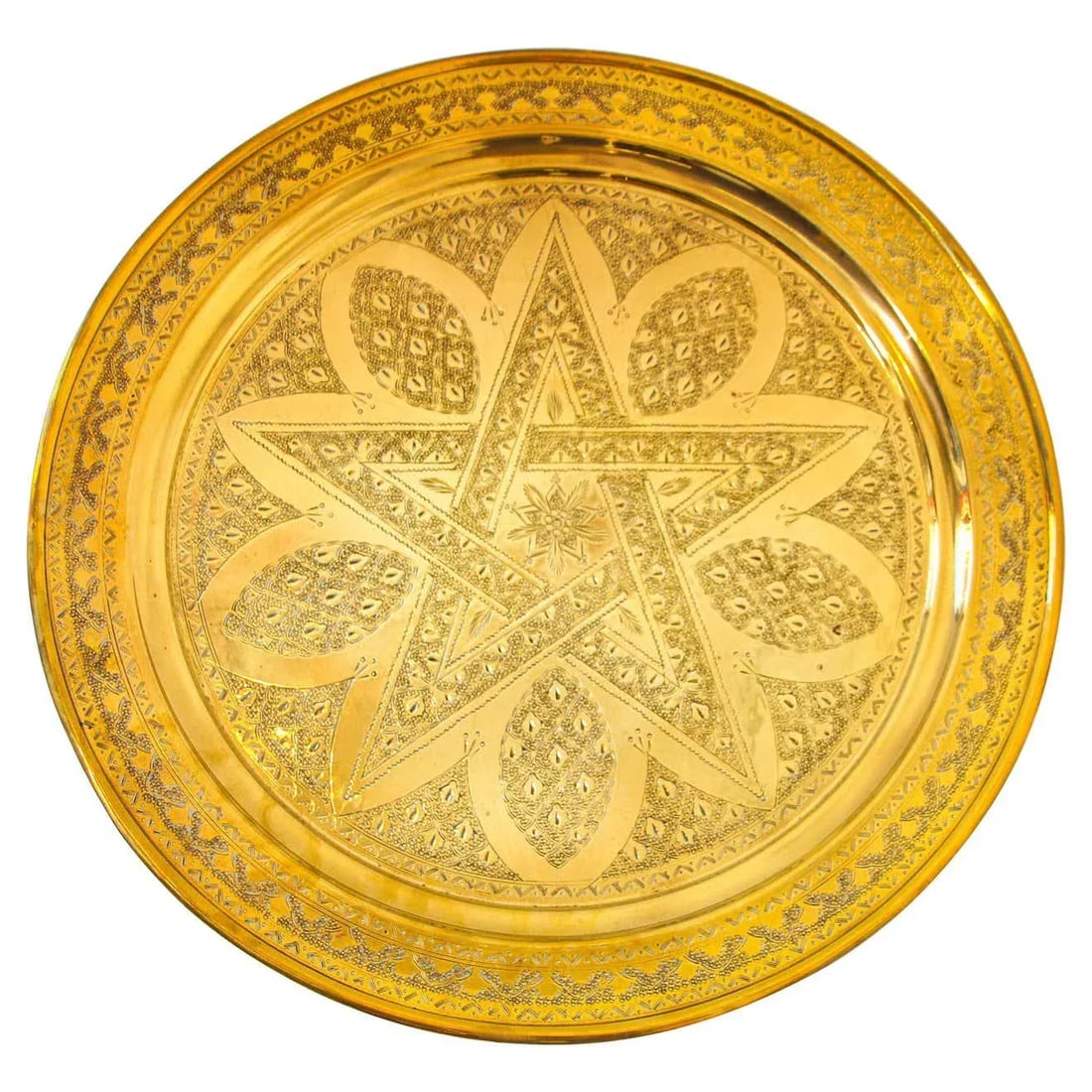 1900s Moroccan Brass Tray Star Etched Collectible Polished Platter 22.5 In. D. - 13