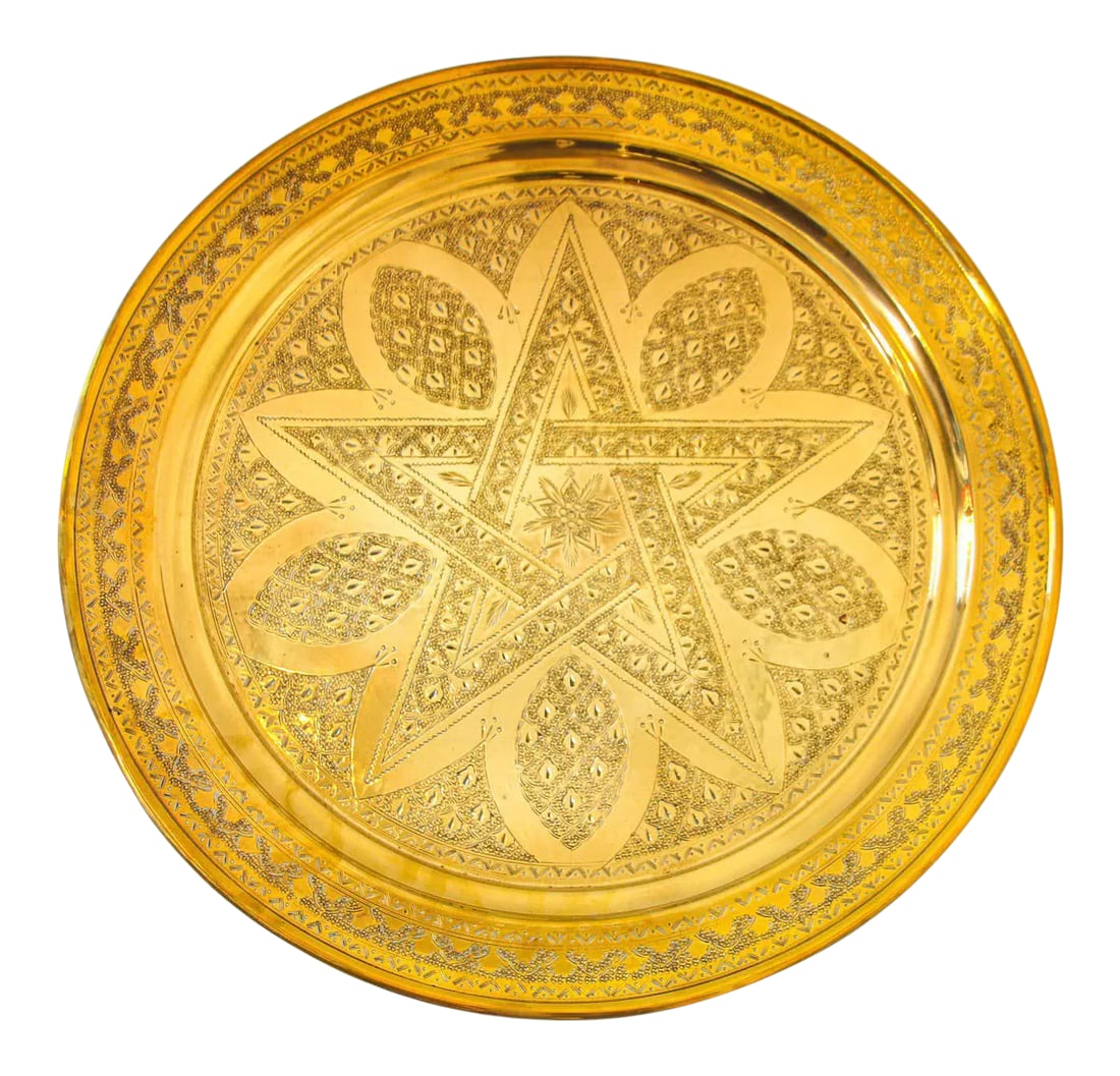 1900s Moroccan Brass Tray Star Etched Collectible Polished Platter 22.5 In. D. (1 of 13)