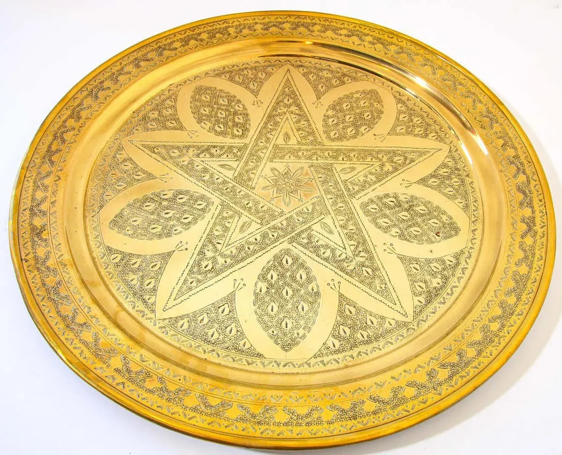 1900s Moroccan Brass Tray Star Etched Collectible Polished Platter 22.5 In. D. - 2