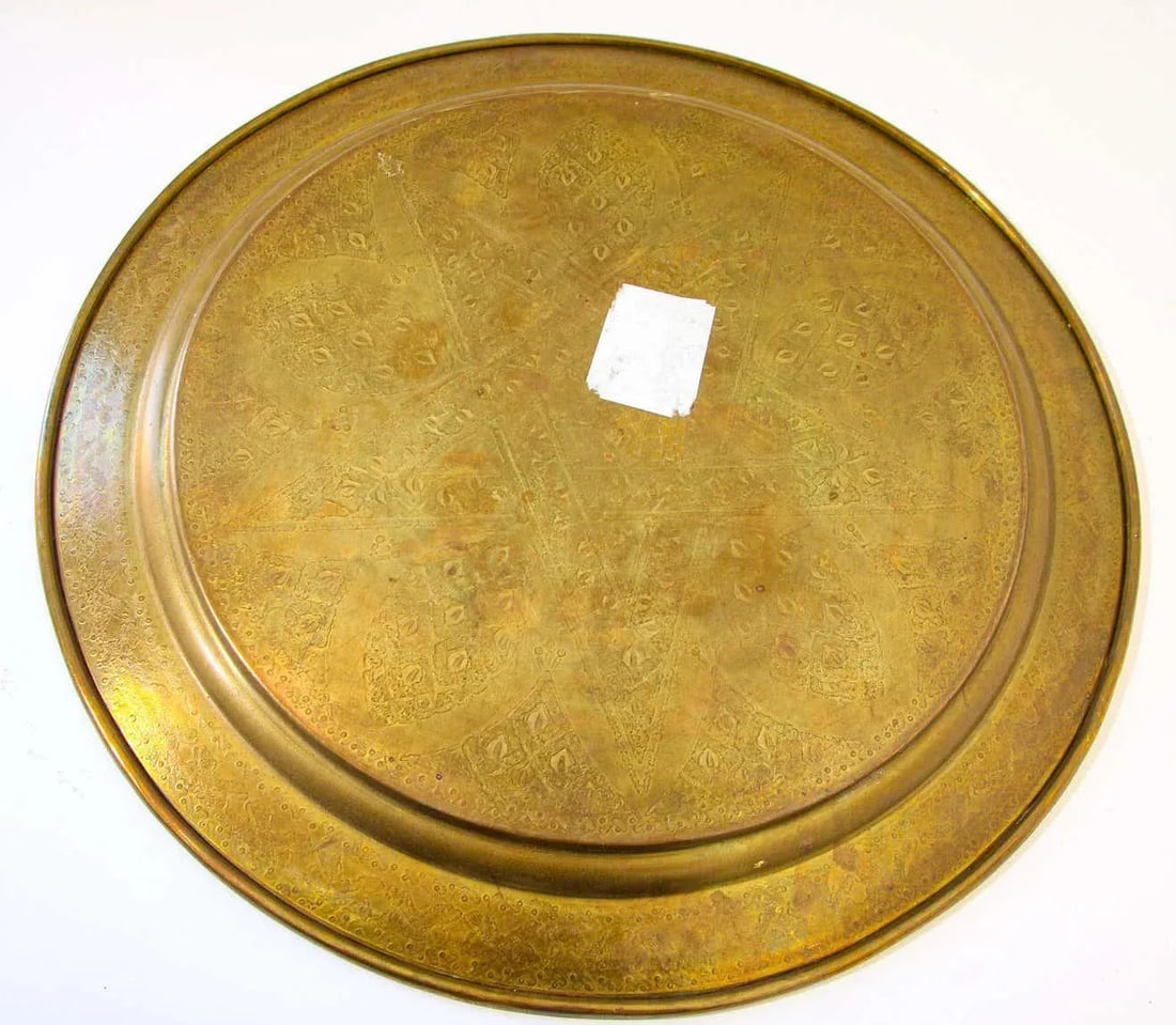 1900s Moroccan Brass Tray Star Etched Collectible Polished Platter 22.5 In. D. - 3