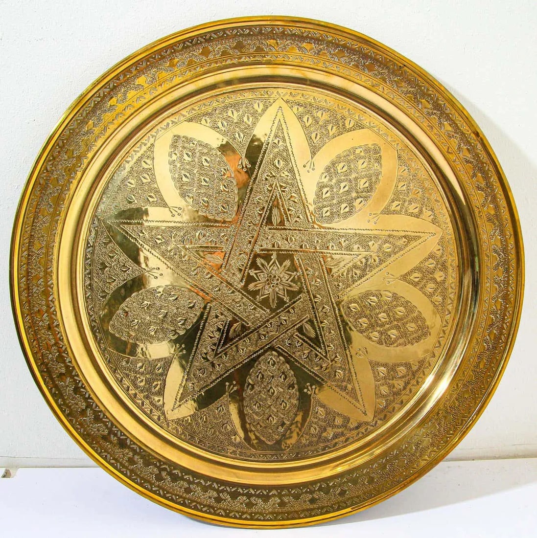 1900s Moroccan Brass Tray Star Etched Collectible Polished Platter 22.5 In. D. - 5