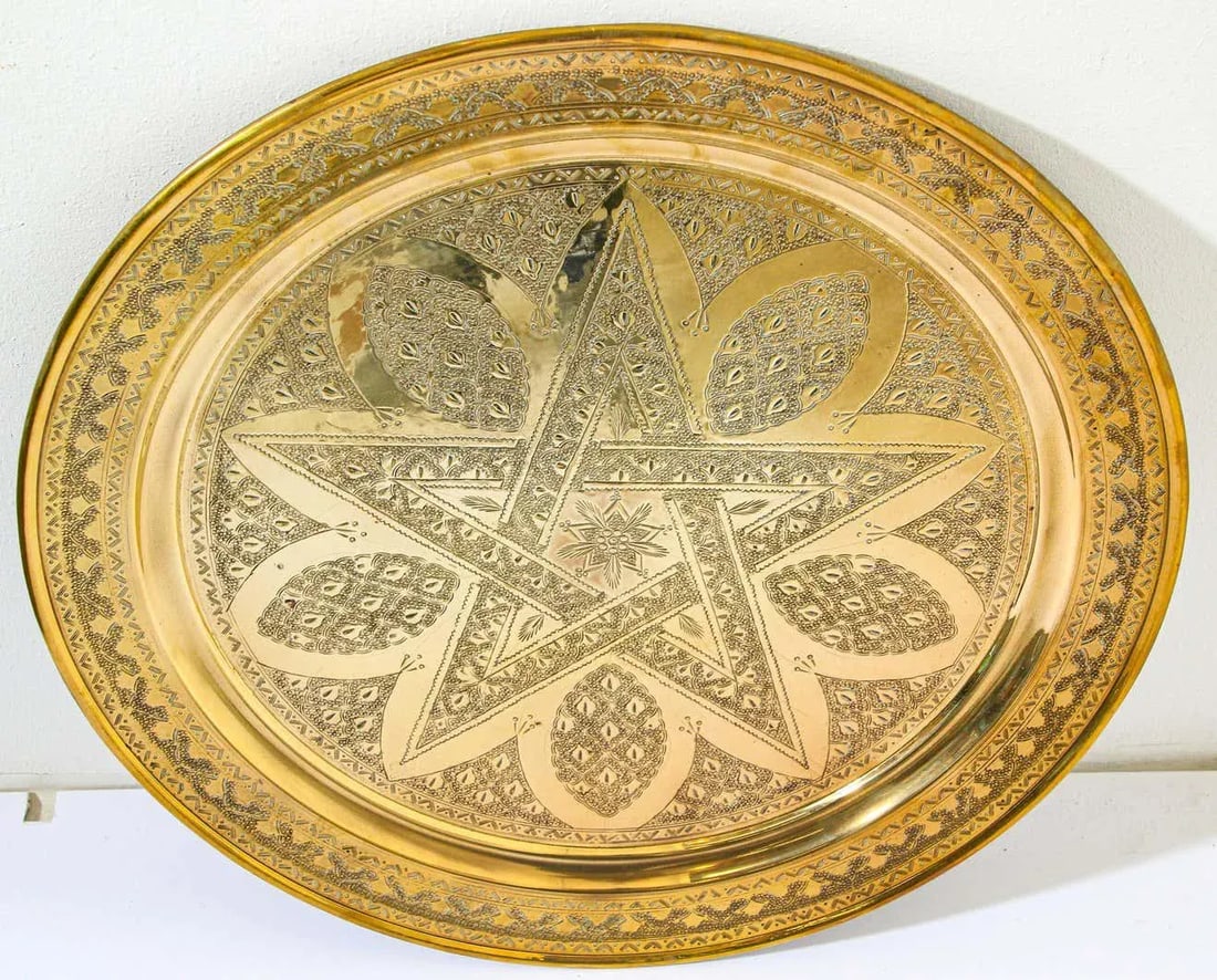 1900s Moroccan Brass Tray Star Etched Collectible Polished Platter 22.5 In. D. - 6