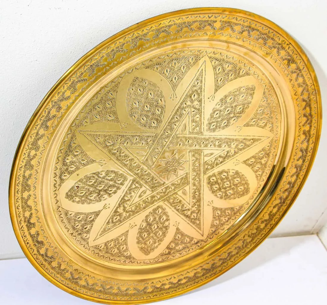 1900s Moroccan Brass Tray Star Etched Collectible Polished Platter 22.5 In. D. - 7