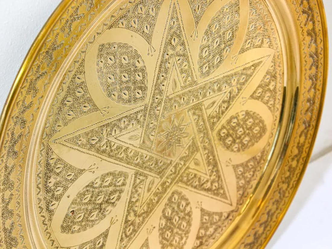 1900s Moroccan Brass Tray Star Etched Collectible Polished Platter 22.5 In. D. - 8