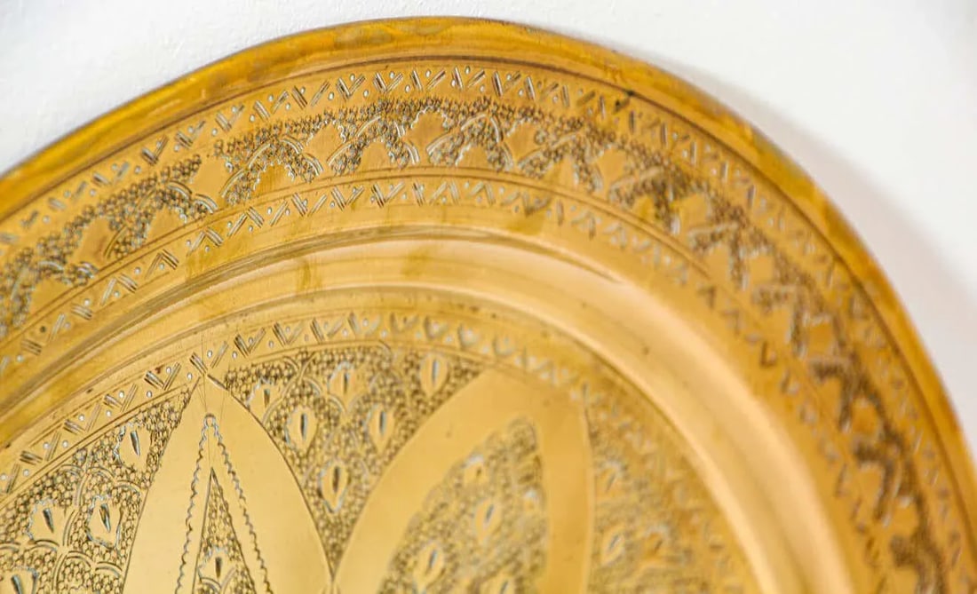 1900s Moroccan Brass Tray Star Etched Collectible Polished Platter 22.5 In. D. - 9