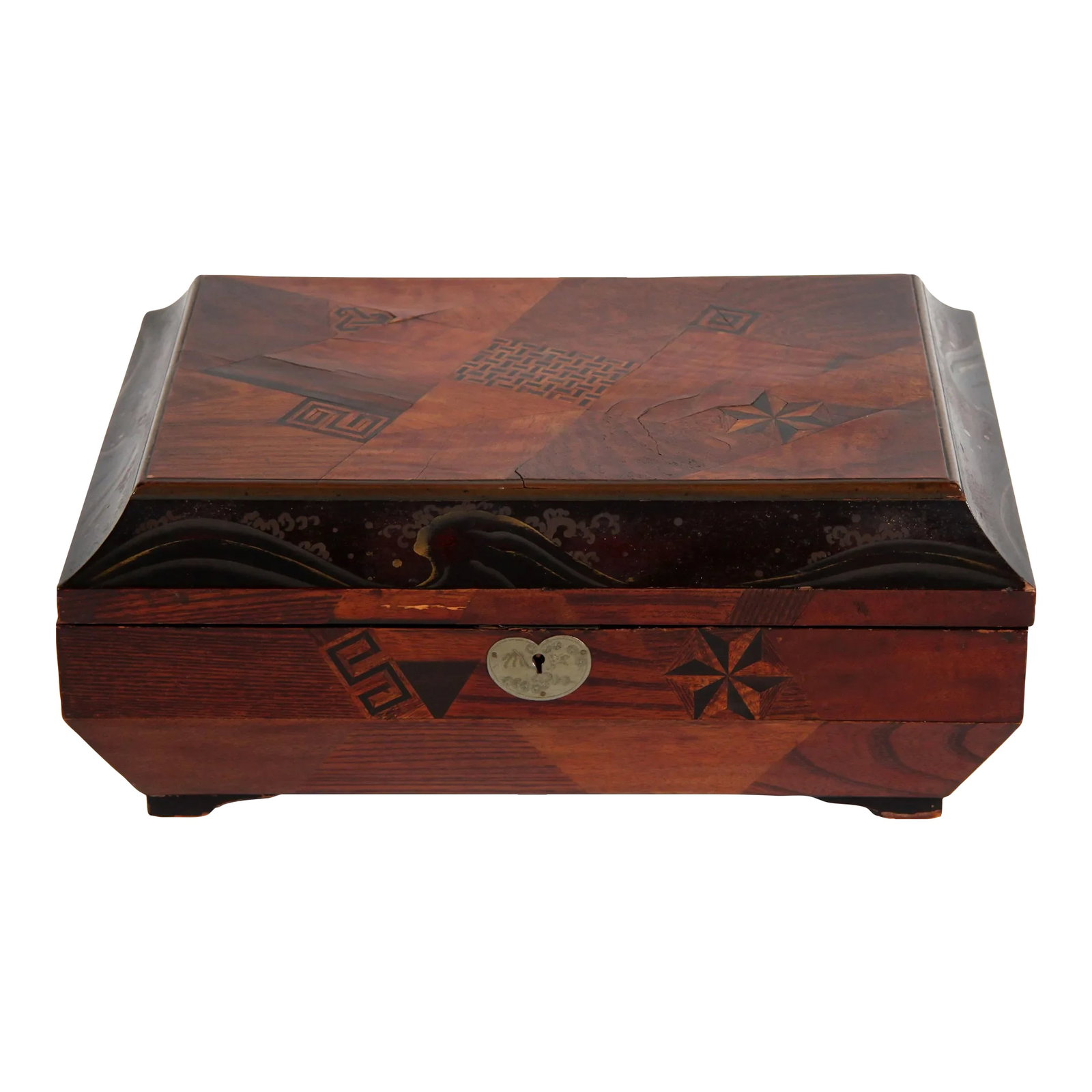 Antique Late 19th Century Japanese Marquetry & Lacquer Jewelry Box: Here is a stunning antique c.1910's/20's Japanese marquetry jewlry box or collectors chest, with a beautifully lacquered interior as shown! The inlay is all hand cut, and just as beautiful as can be! 