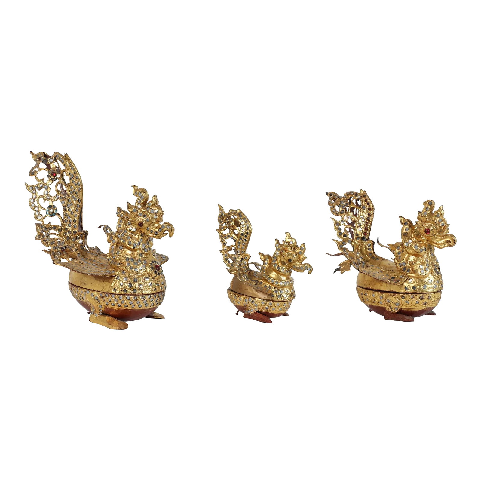 Hintha Burmese Bird-Shaped Betel Gold Lacquered Box - Set of 3: Set of three rare, antique late 19th century original offering vessel lacquered ornate gilded betel boxes in the shape of a sacred goose, Hintha bird from Mandalay, Myanmar bird "Hamsa". Hintha bird