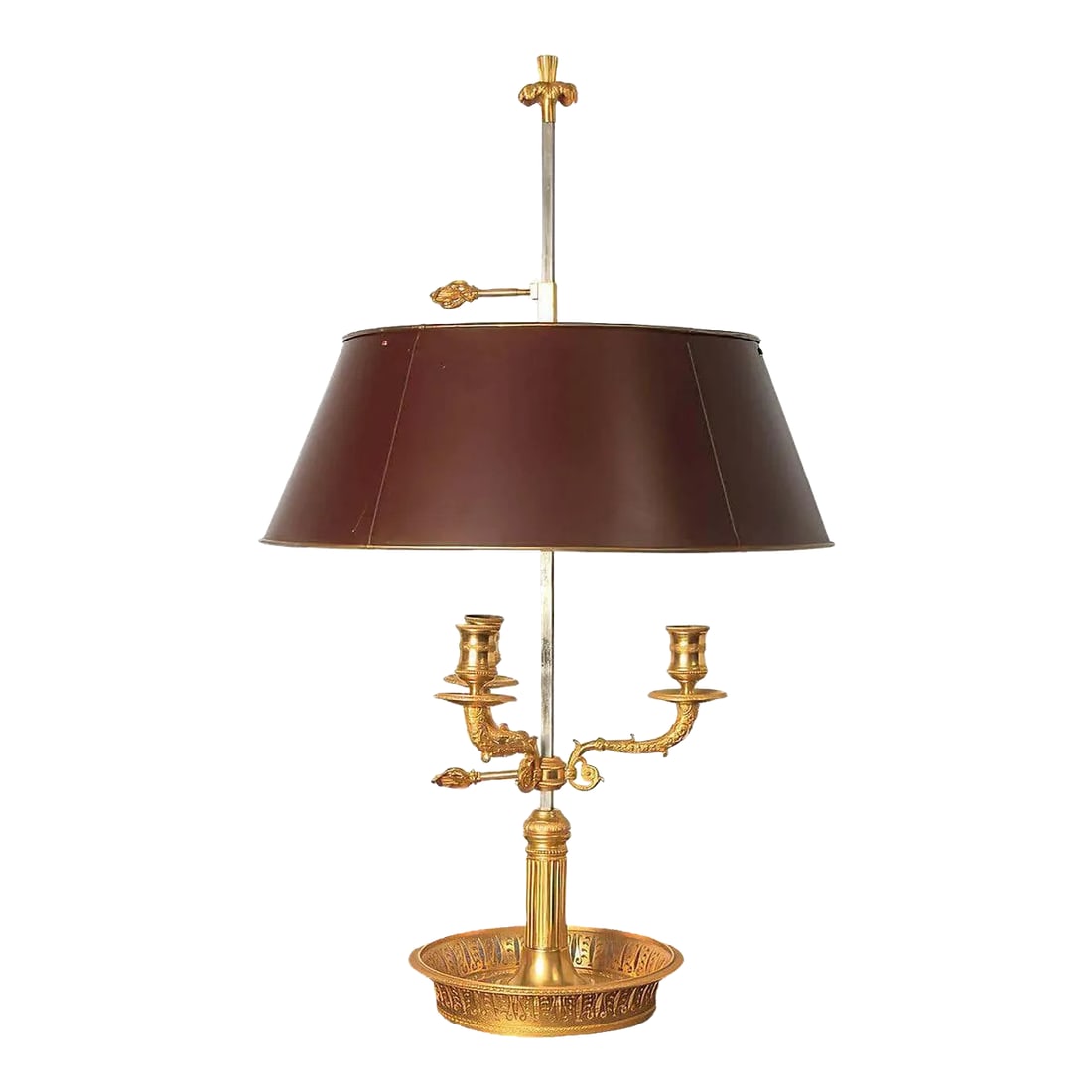 Late 19th Century French Louis XVI Bouillotte Lamp: A Fine French Louis XVI style gilt bronze three light. Bouillotte lamp, with an adjustable tole, painted shade, three adjustable arms, fluted column, and a pierced basket base. Dimensions: 16" D x