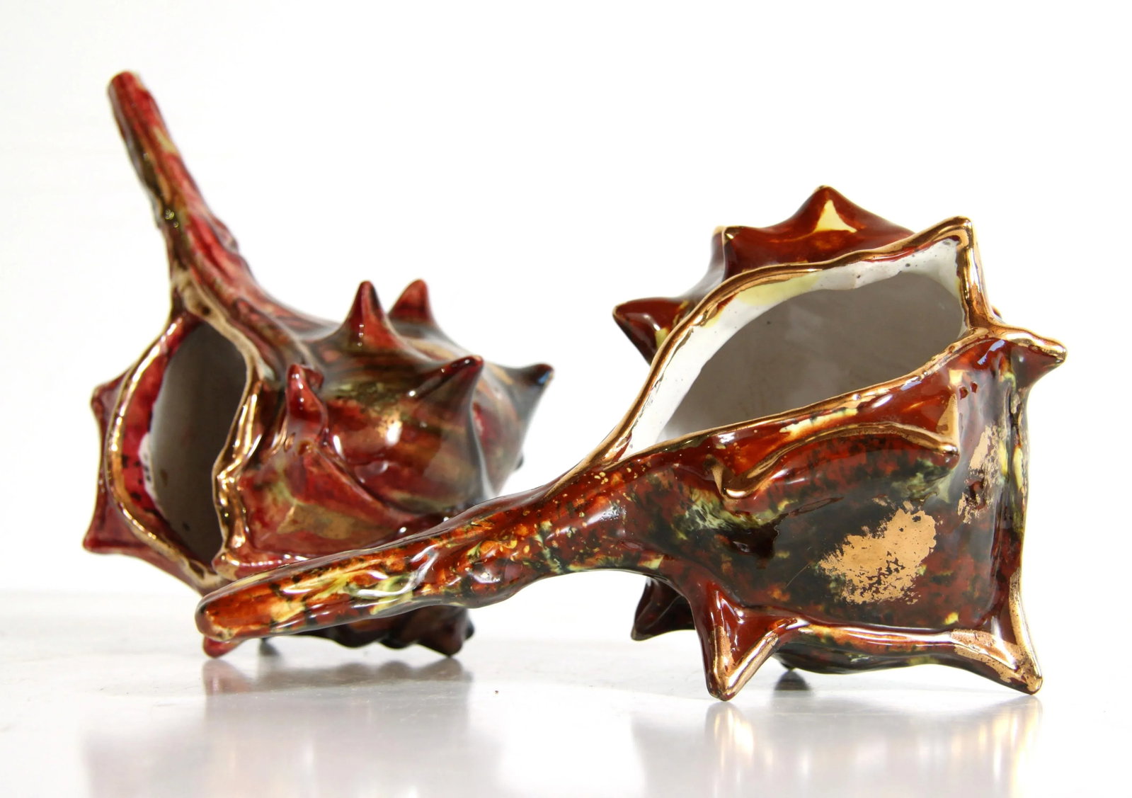 Vintage Italian Ceramic Burgundy & Gold Conch Shell Cachepot Planters - a Pair - 11