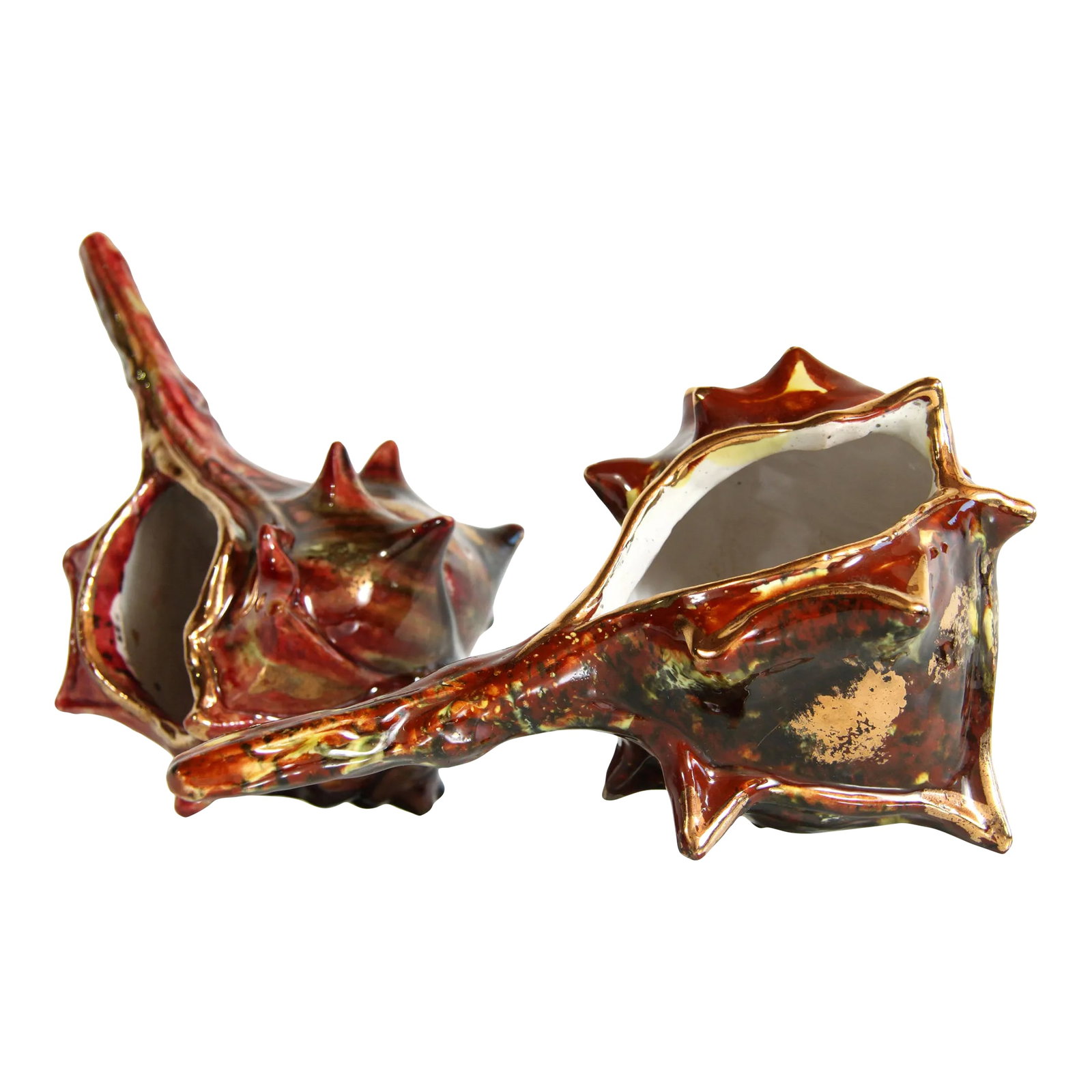 Vintage Italian Ceramic Burgundy & Gold Conch Shell Cachepot Planters - a Pair: Stunning vintage pair of mid century modern Italian ceramic figural conch shell planters! They can be used in a variety of ways, and can be absolutely used as decorative objects without plants or airp