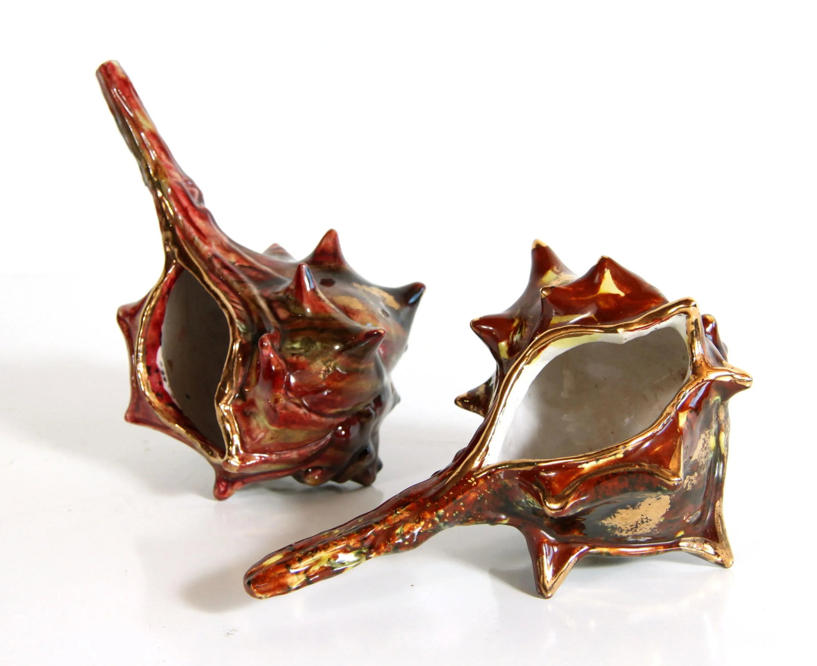 Vintage Italian Ceramic Burgundy & Gold Conch Shell Cachepot Planters - a Pair - 2