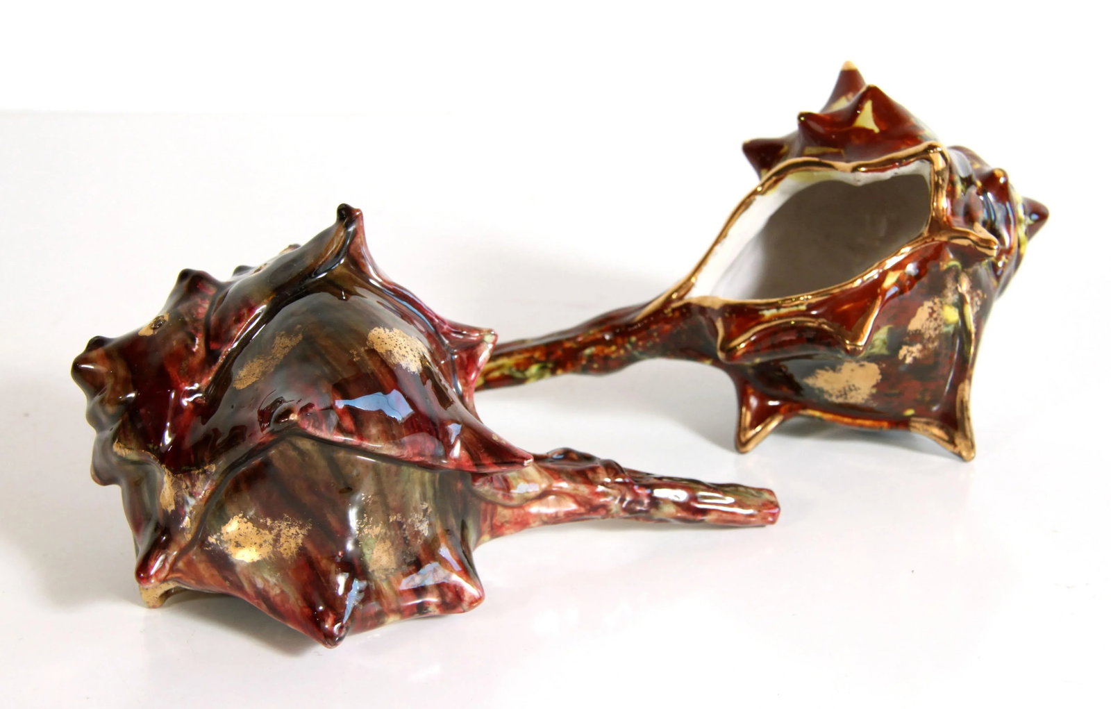 Vintage Italian Ceramic Burgundy & Gold Conch Shell Cachepot Planters - a Pair - 3