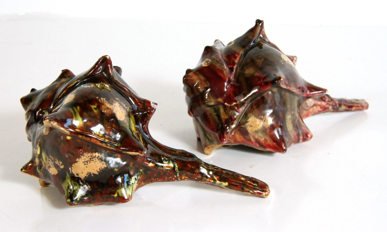 Vintage Italian Ceramic Burgundy & Gold Conch Shell Cachepot Planters - a Pair - 4