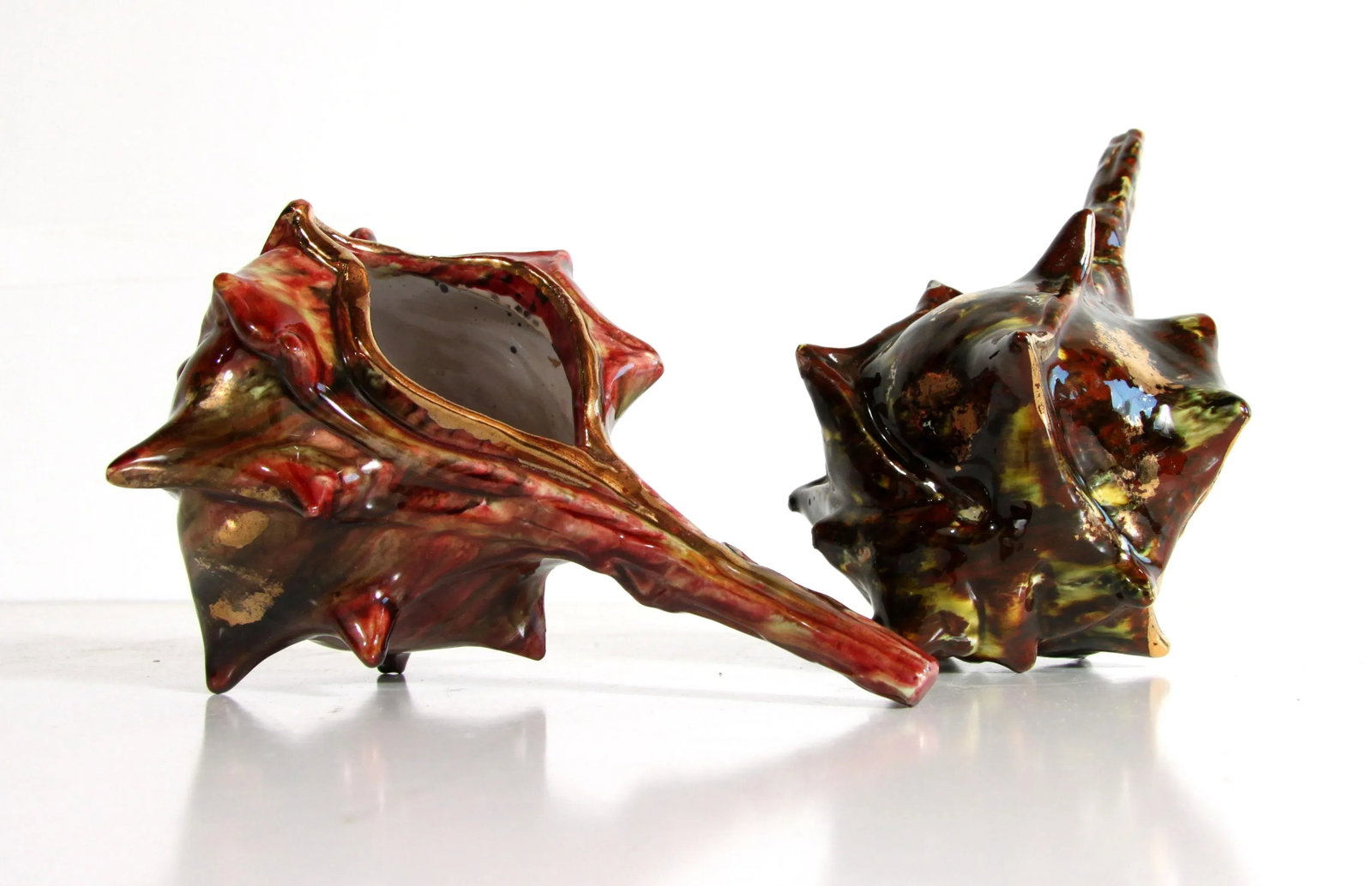 Vintage Italian Ceramic Burgundy & Gold Conch Shell Cachepot Planters - a Pair - 5
