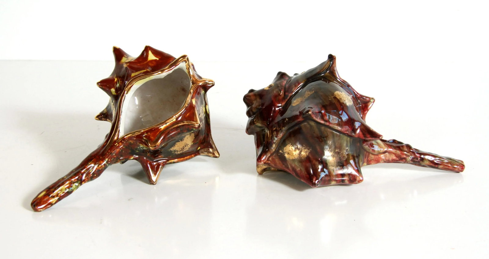 Vintage Italian Ceramic Burgundy & Gold Conch Shell Cachepot Planters - a Pair - 7