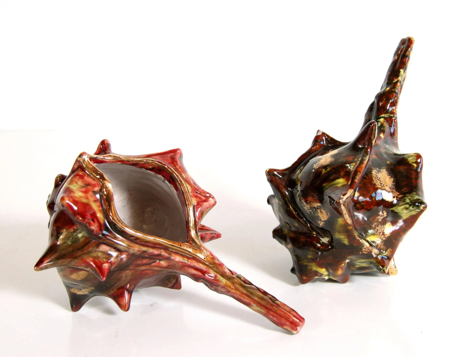 Vintage Italian Ceramic Burgundy & Gold Conch Shell Cachepot Planters - a Pair - 8