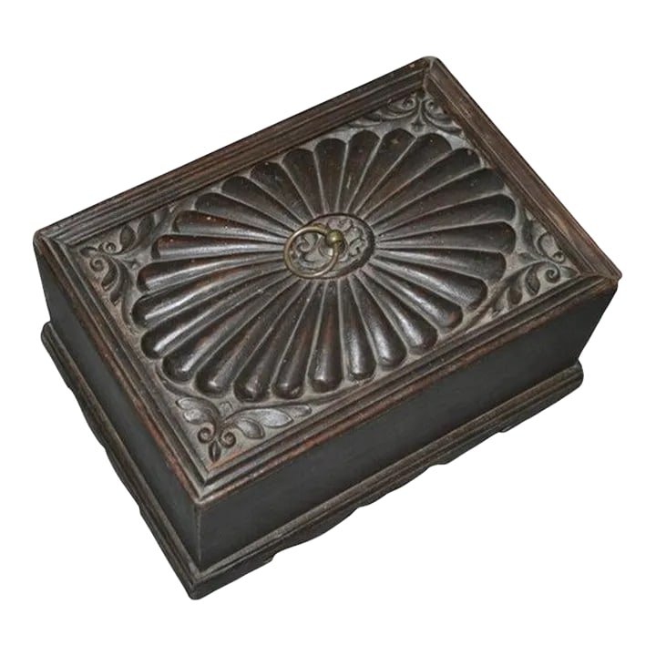 Vintage Rustic Carved Compartment Box: Dimensions: 11" W x 8" D x 5" H This vintage, hand carved box with a sliding lid comes from India. Cash Boxes or merchant boxes were an everyday item found in shops throughout India used to hold the