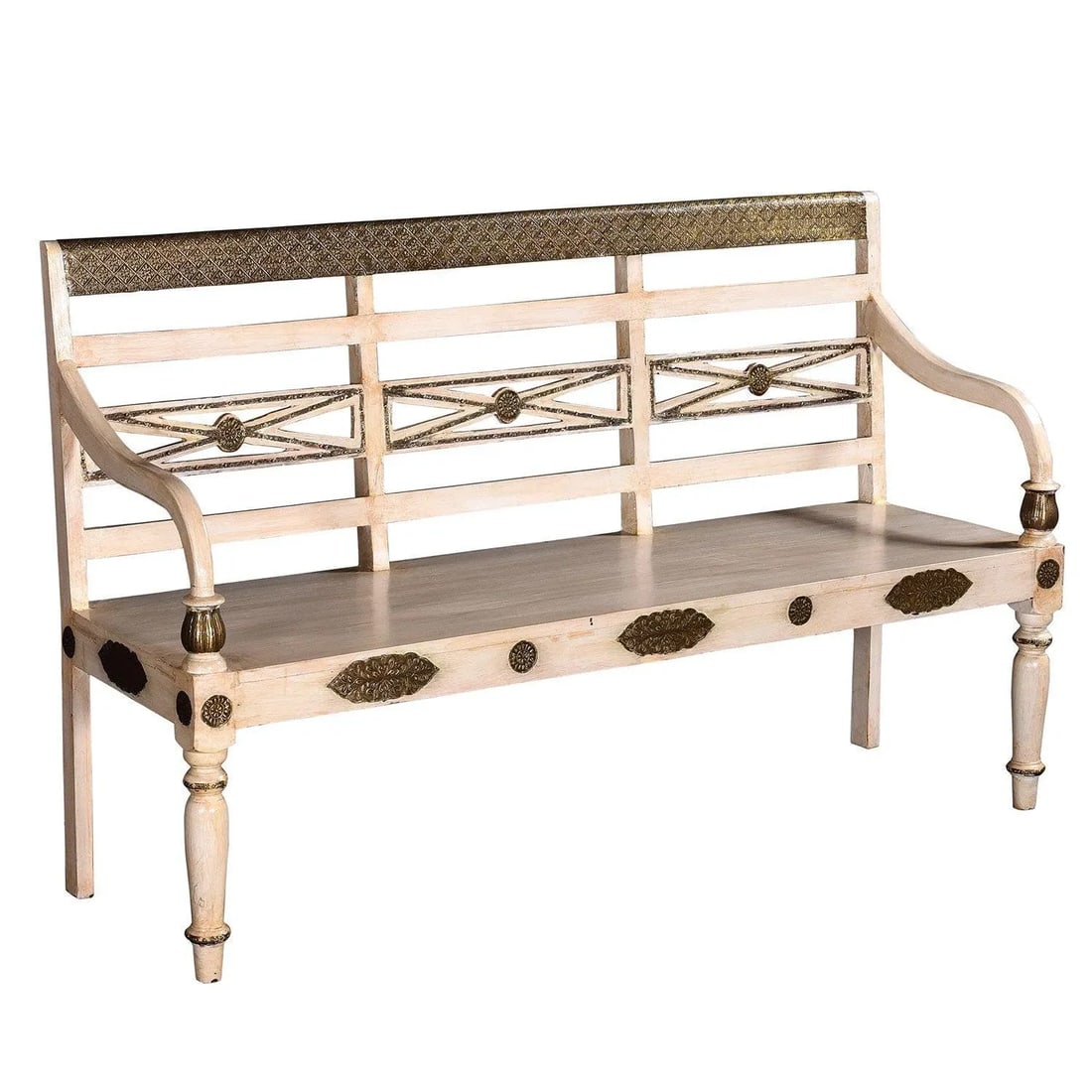 Solid Mango Wood Sofa and 2 Chiars Set | Distressed Off White Sofa Set With Brass Accent | 3 Piece L - 2