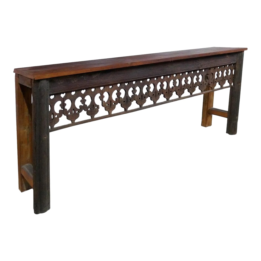 Farmhouse Style Lattice Carved Teak Wood Long Console | Unique Entryway Hall Table | Distressed Rust: Dimensions: 75" Wide X 15" Deep X 33" High Features: "• A rare piece and one of its kind exists "• 100% solid wood construction "• Hand carved by skilled artisans "• Eclectic