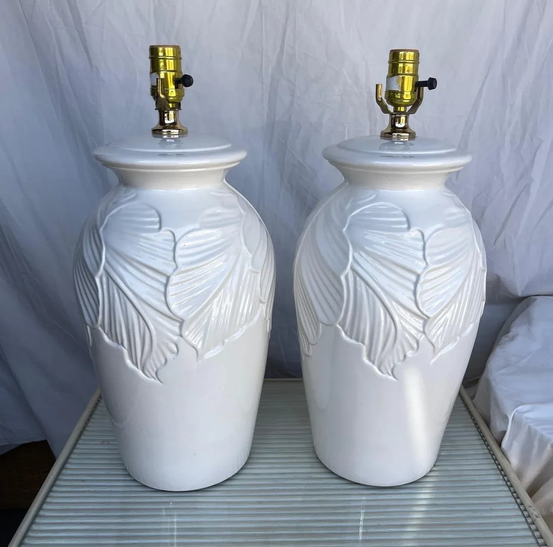 White Palm Beach Style Palm Leaf Table Lamps-Set - 6