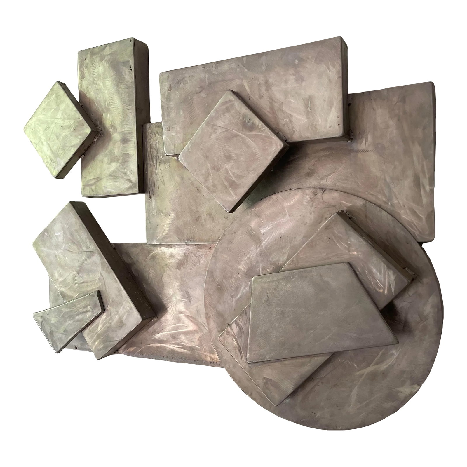 Late 20th Century Brutalist Sculpture Wall Hanging Metal "Shiny Caboose" by Larry Pogue: Stunning brutalist / geometric wall sculpture titled and marked "Shiny Caboose" by Larry Pogue. Recently deceased, Larry Pogue's steel sculptures have been displayed as far away as Zurich,