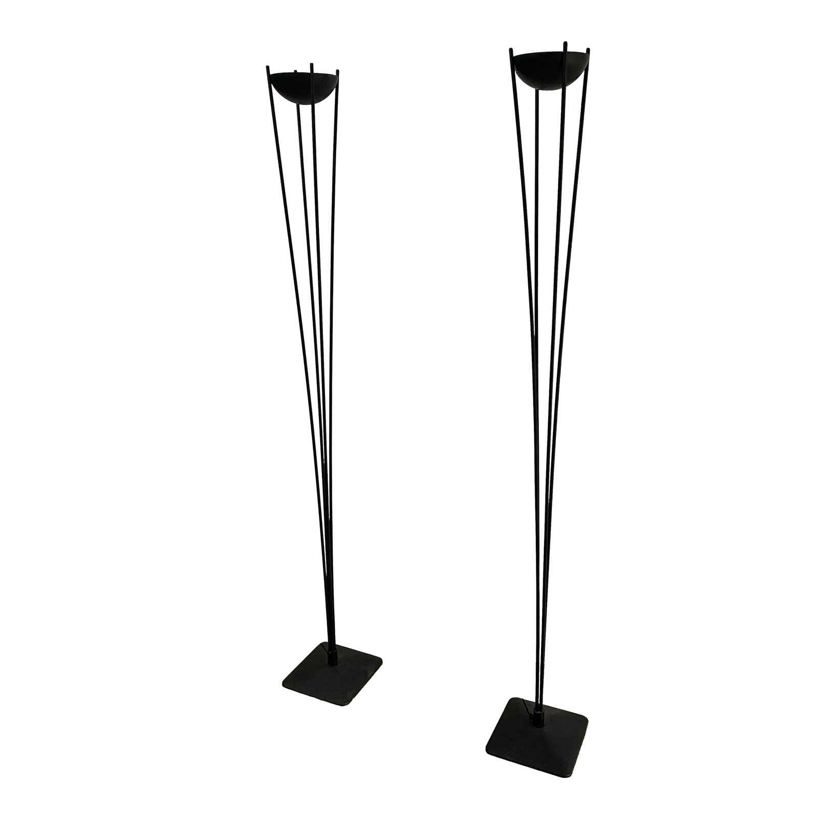 Post Modern Black Floor Lamps by Koch & Lowy - a Pair: A striking pair of postmodern floor lamps by Koch & Lowy, dating to the 1980s and featuring an elegant, architectural silhouette. Each lamp showcases a sculptural four-post design"”slim matte