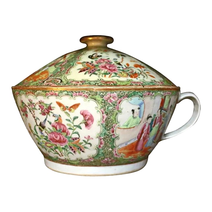 19th century Rose Medallion Chinese Export Covered Chamber Bowl: Rare early Canton Chinese Export porcelain Rose Medallion bowl with lid. Features include outstanding intricately painted birds, flowers, insects, figures, gold highlights and raised detail. The