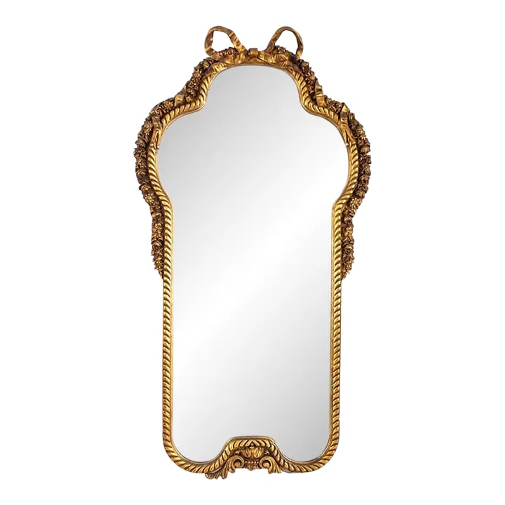 Antique Gold Gilt Mirror - Bow Tie Motif: Stunning antique gold gilt mirror. The bow tie accent at the top is truly unique. Age & origin is estimated Condition: Alterations: Original Condition Unaltered Imperfections: Some Imperfections