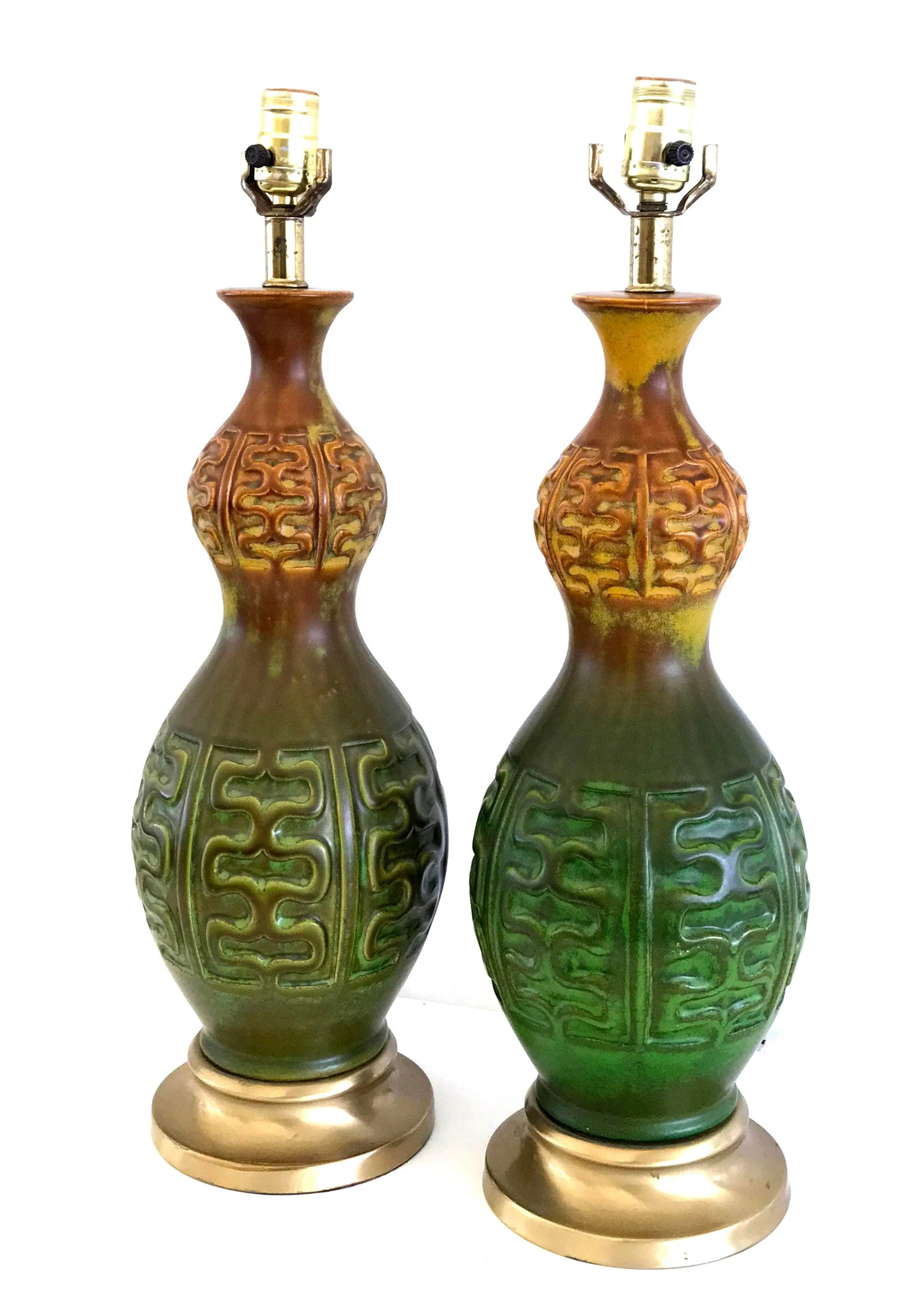 Mid Century Modern Green & Amber Ceramic Table Lamps - a Pair - 2