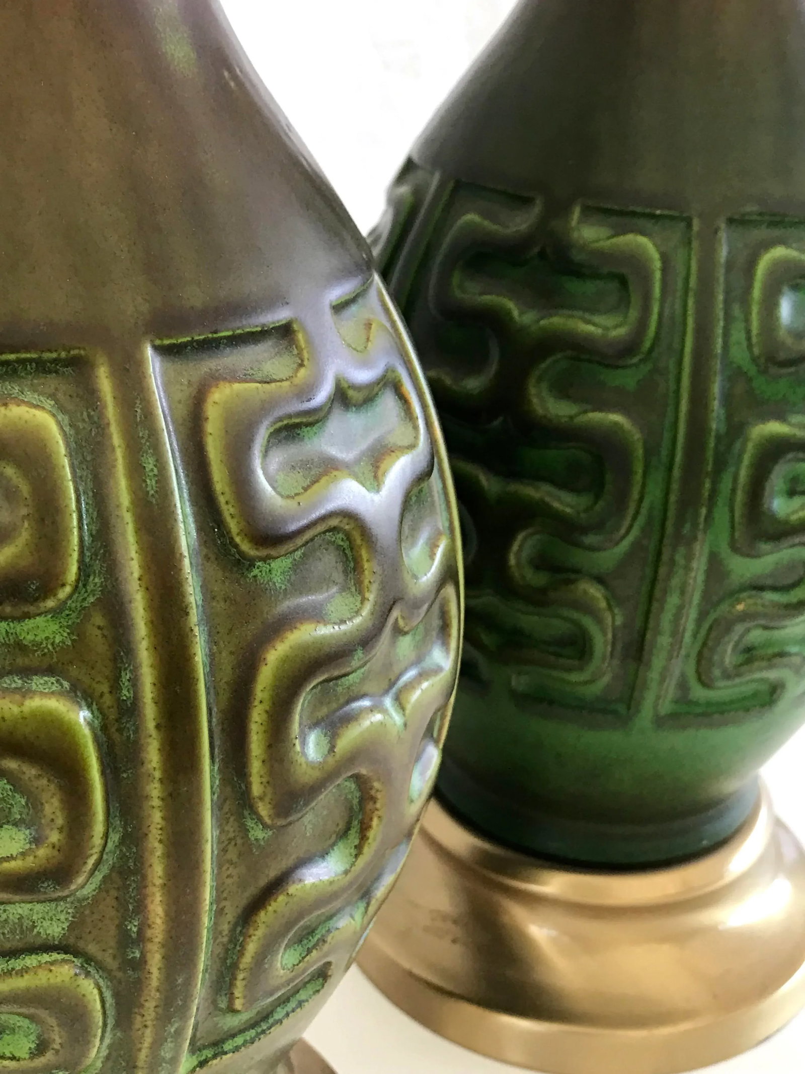 Mid Century Modern Green & Amber Ceramic Table Lamps - a Pair - 3