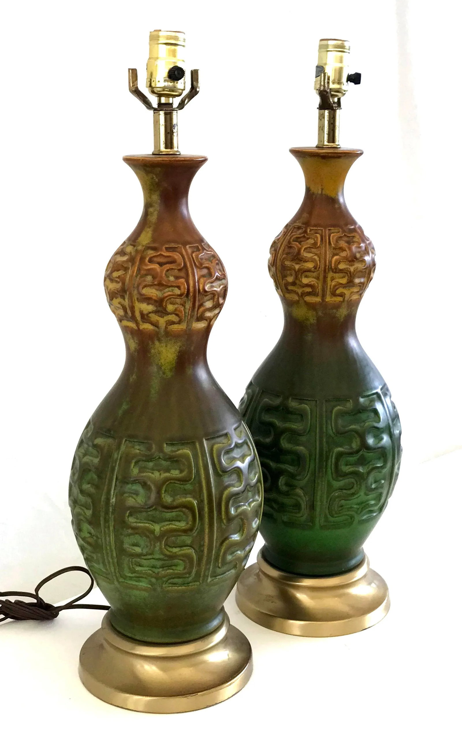 Mid Century Modern Green & Amber Ceramic Table Lamps - a Pair - 5