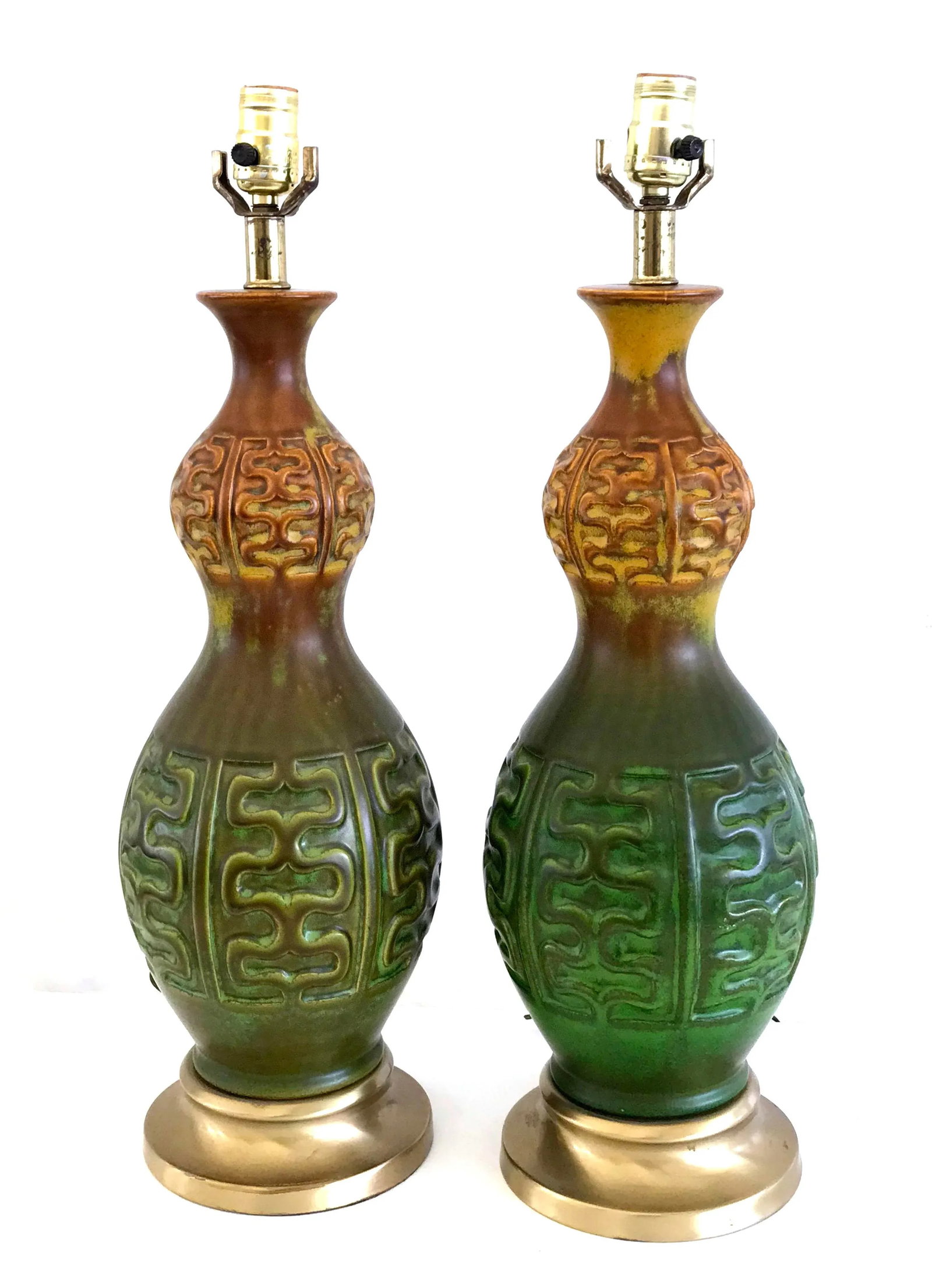Mid Century Modern Green & Amber Ceramic Table Lamps - a Pair - 9