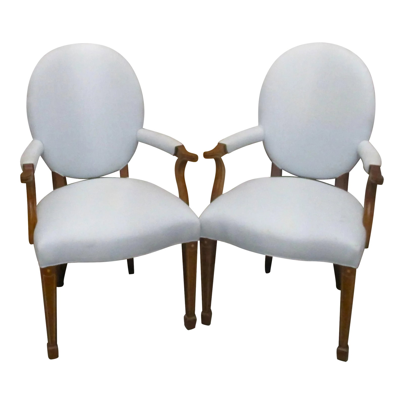 Hickory Chair Company Inlaid Mahogany and Upholstered Open Louis XVI Armchairs - a Pair: Matched Pair of Hickory Chair Company Inlaid Mahogany and Upholstered Louis XVI Oval Back Open Armchairs 13 years old, purchased new. Inlaid Mahogany Quality Construction French Louis XVI Style