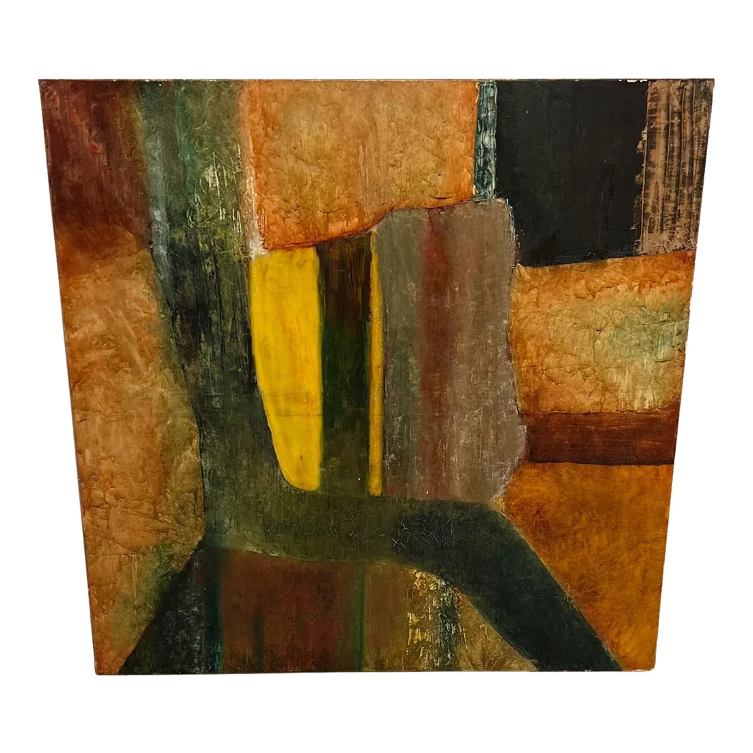 1988 Abstract Cubist Original Oil Painting on Canvas C. Martin Tschaen: AMBIANIC presents Abstract Modern Cubist Oil on Canvas artist signed C Martin Tschaen 1988 39.5 x 39.5 x 1 d Colors of orange, green and yellow geometric shapes. In the style of French artist Armand R