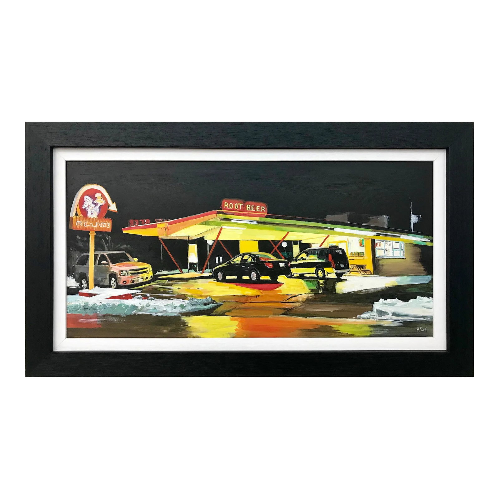 Route 66 Root Beer American Gas Station Painting - Unique Original Art by British Contemporary Artis: Route 66 Root Beer American Gas Station Painting by Leading British Contemporary Artist, Angela Wakefield. A unique original work. Art measures 24 x 12 inches Frame measures 29 x 17 inches Part of