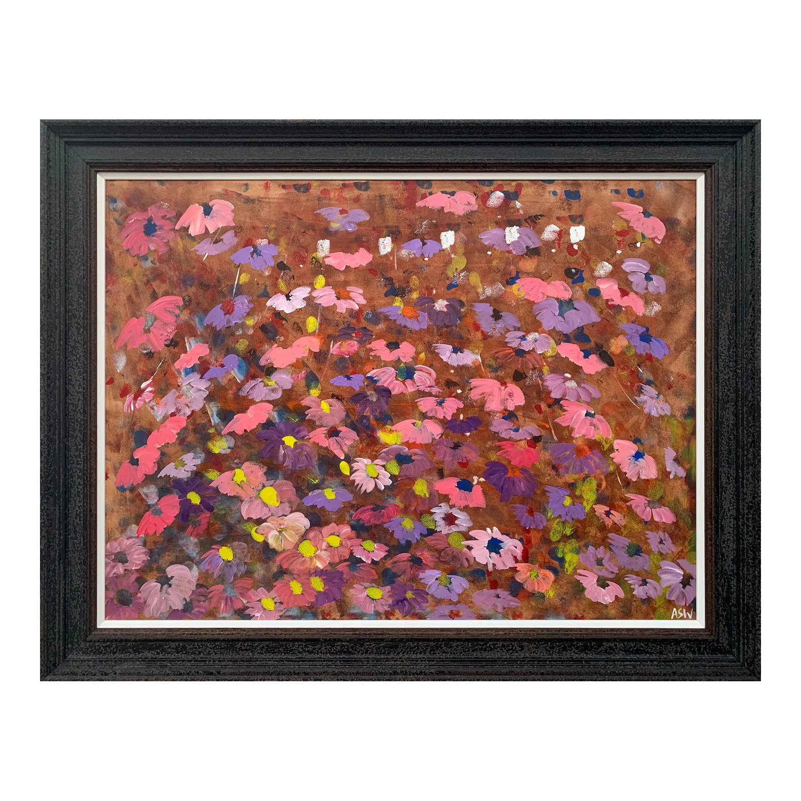 Abstract Pink & Purple Flowers Interior Design - Unique Original Art by British Contemporary Artist,: Painting of Abstract Red, Pink, Yellow & White Wild Flowers on a Natural Earthy Brown Background by British Contemporary Artist, Angela Wakefield. From the 'Spring Burst' Interior Design Series. Frame
