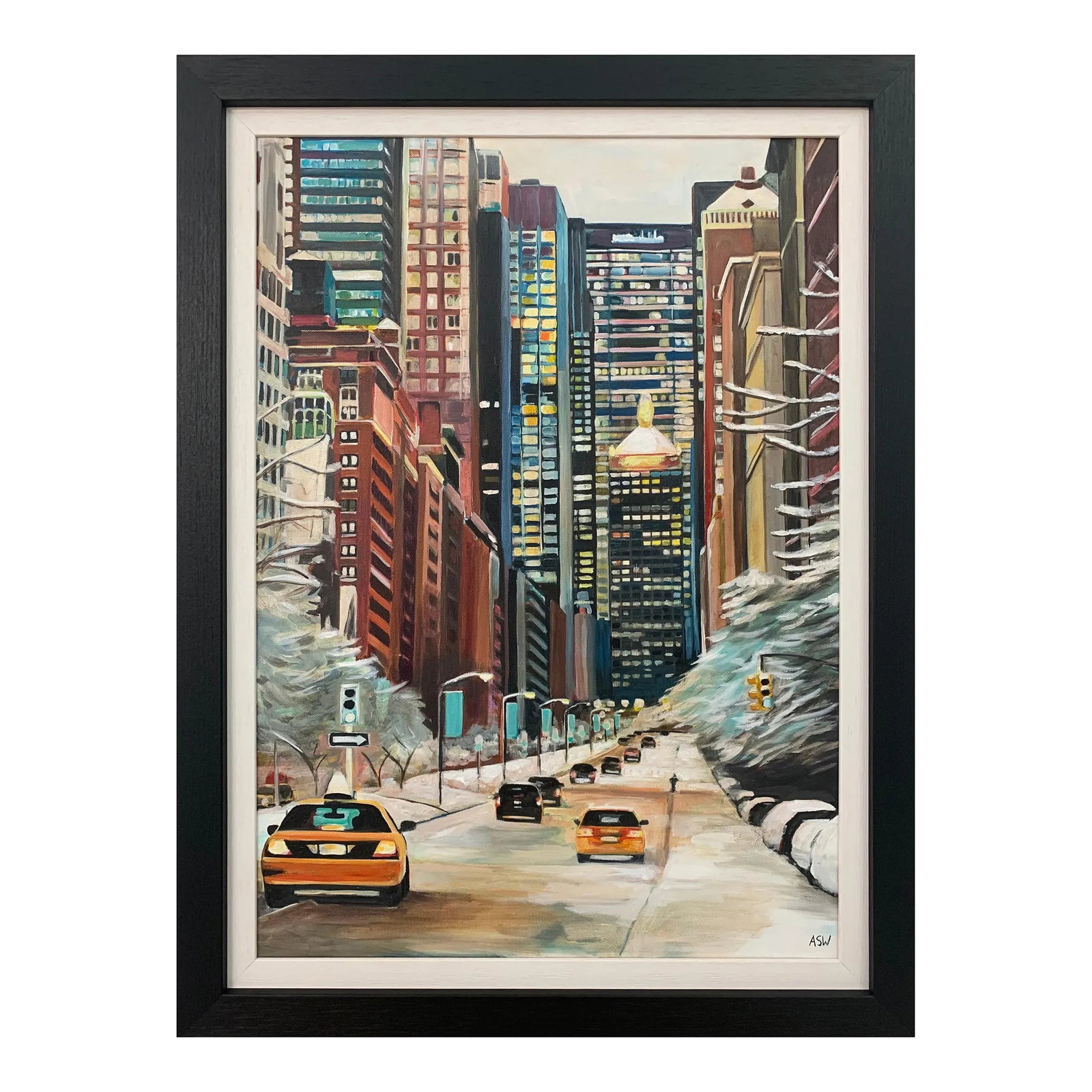 Angela Wakefield, Painting of New York City Taxis in Winter Snow by Contemporary British Artist, 202: Painting of New York City Taxis in Winter Snow by Contemporary British Artist Urban Landscape Artist, Angela Wakefield Art measures 20 x 30 inches Frame measures 25 x 35 inches Angela Wakefield has