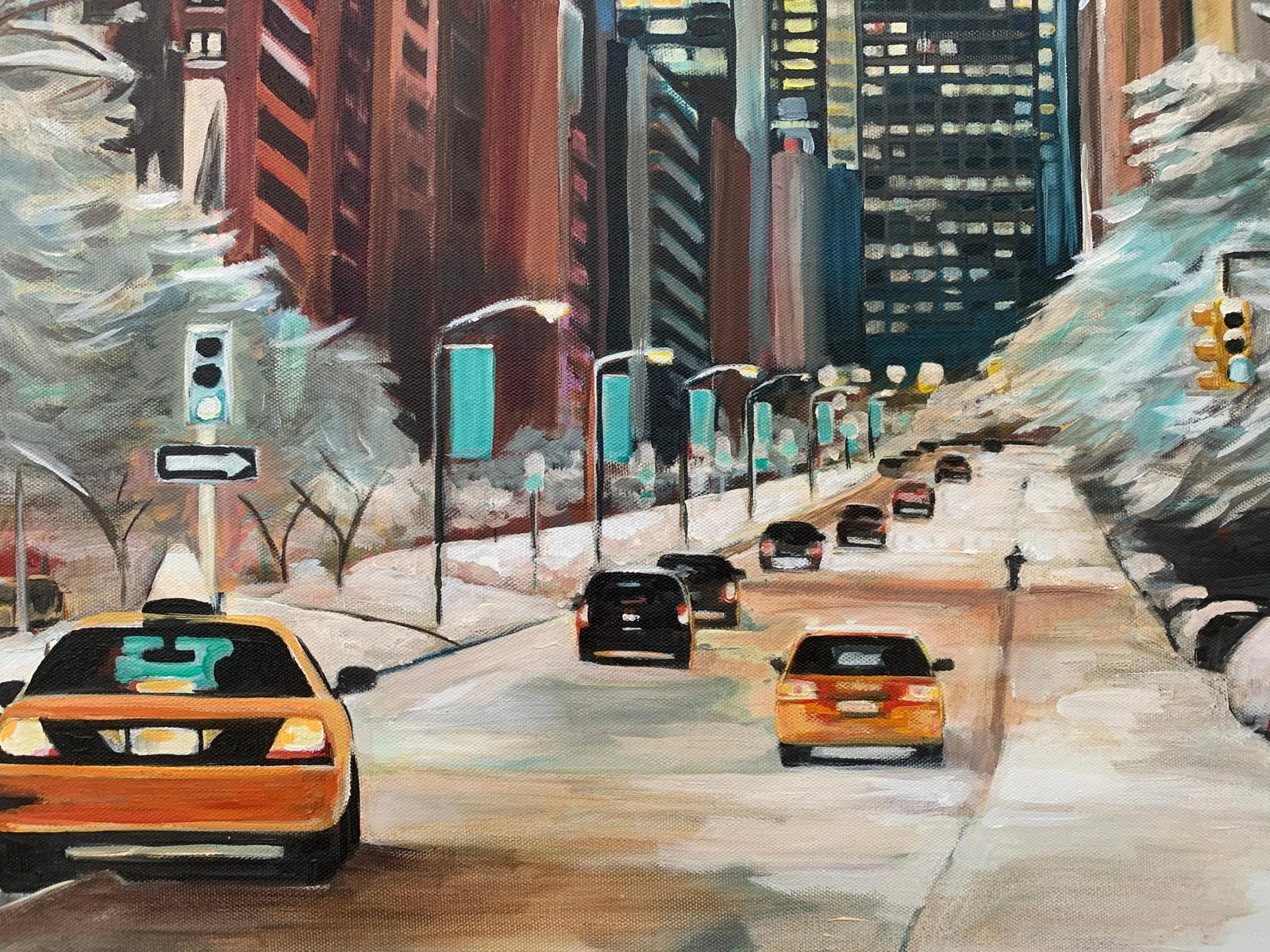 Angela Wakefield, Painting of New York City Taxis in Winter Snow by Contemporary British Artist, 202 - 3