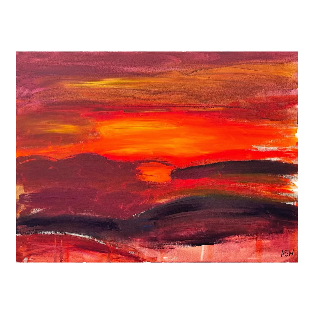 Orange & Red Abstract Sunset Sunrise Painting - Unique Original Art by Leading British Urban Artist,: Orange & Red Abstract Expressionist Painting - a rare early work from Leading British Urban Artist, Angela Wakefield. Entitled 'Sunset Sunrise #1', this bold, colourful artwork is from an intense