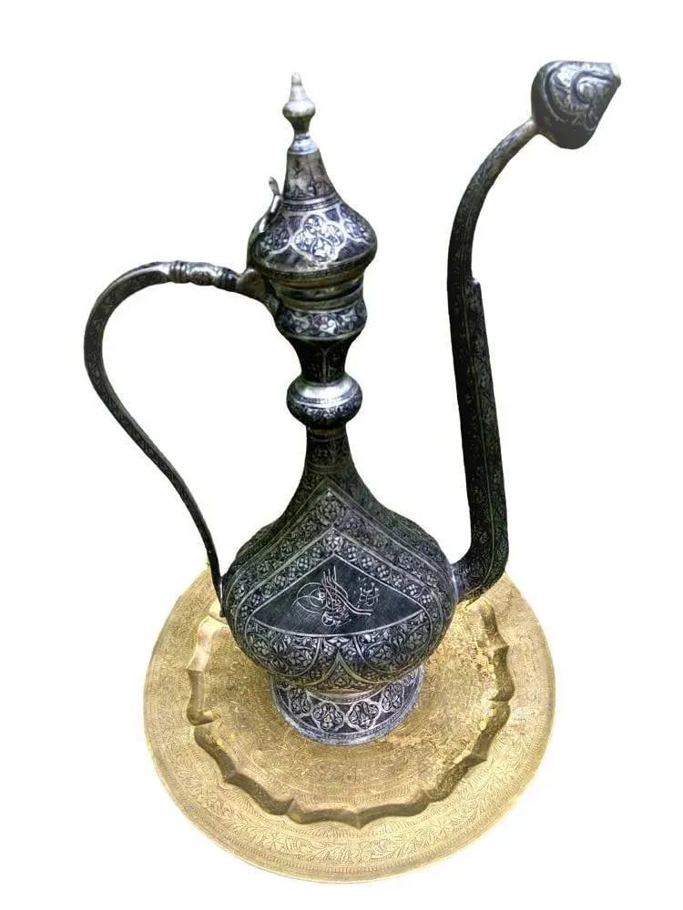 Antique Large Turkish Islamic Pewter Engraved Ewer - Early 20th Century - 10