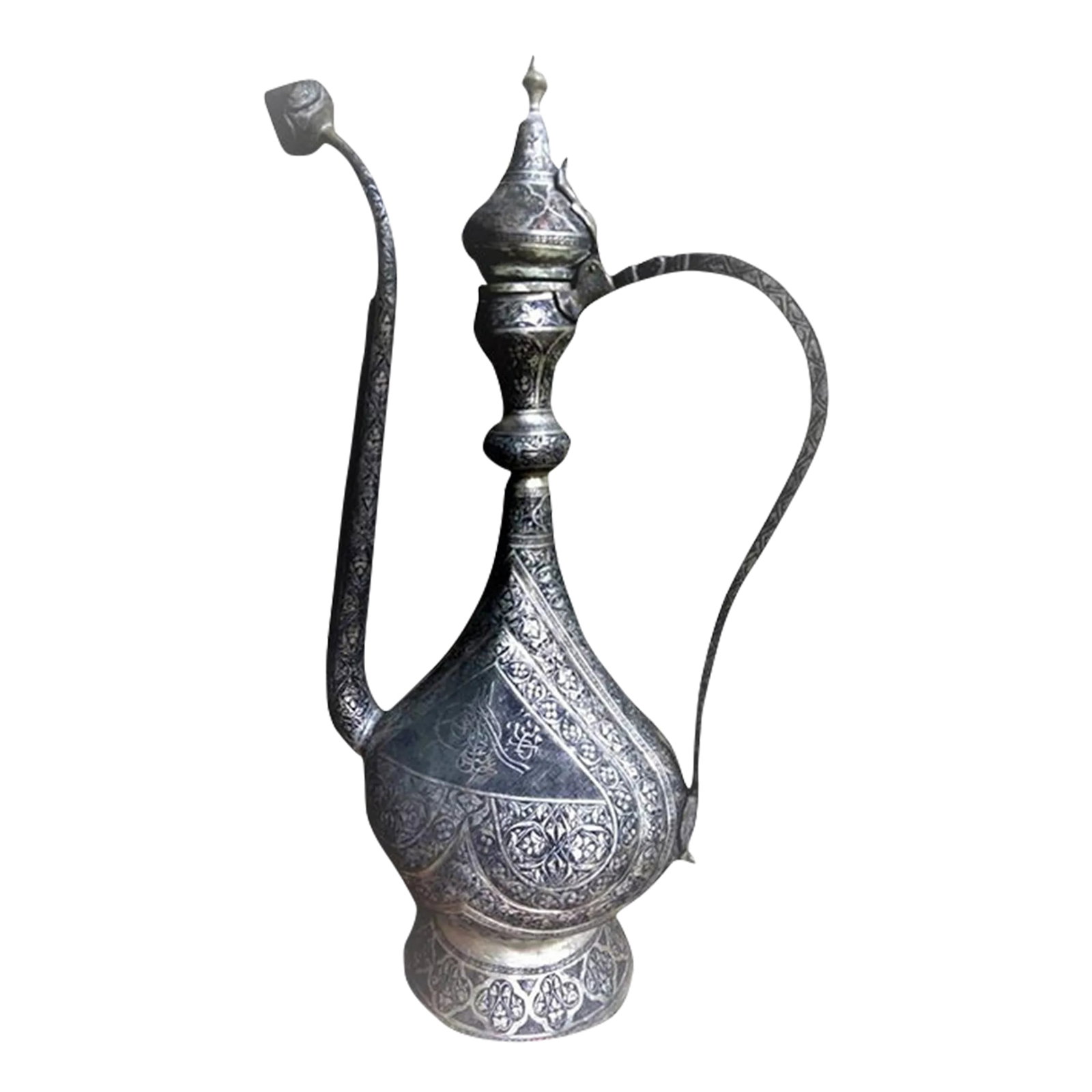 Antique Large Turkish Islamic Pewter Engraved Ewer - Early 20th Century: Elaborately engraved, massive ewer with Islamic inscriptions. 31 inches tall, 19 inches from handle to spout. Maker's mark includes "Kaynar" and less distinctly "Ahmet" -- Turkish names. Magnificent