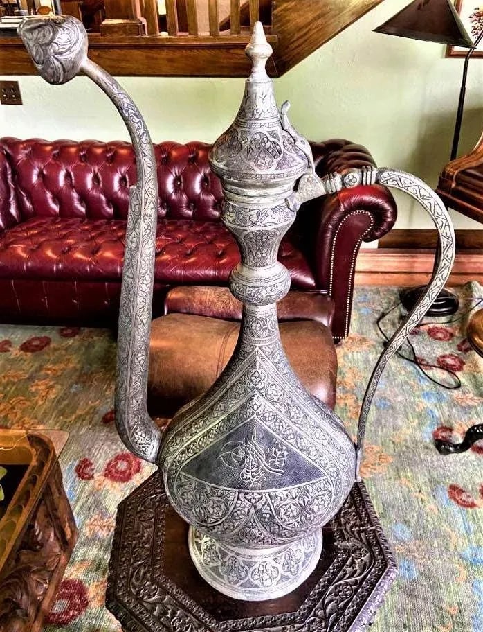 Antique Large Turkish Islamic Pewter Engraved Ewer - Early 20th Century - 4